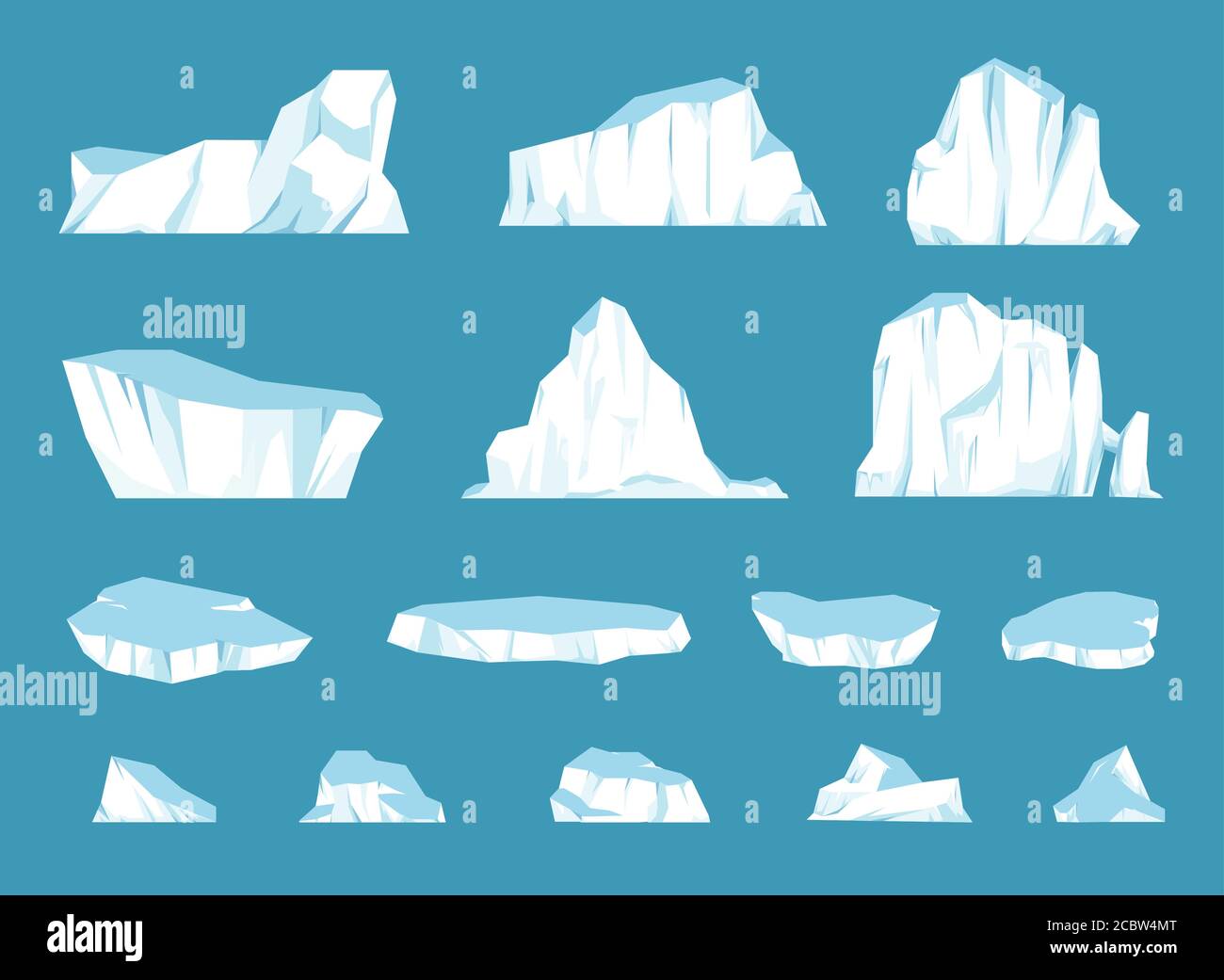 Cartoon floating iceberg set. Ocean ice rocks landscape for climate and environment protection concept. Iceberg cold. Vector Stock Vector