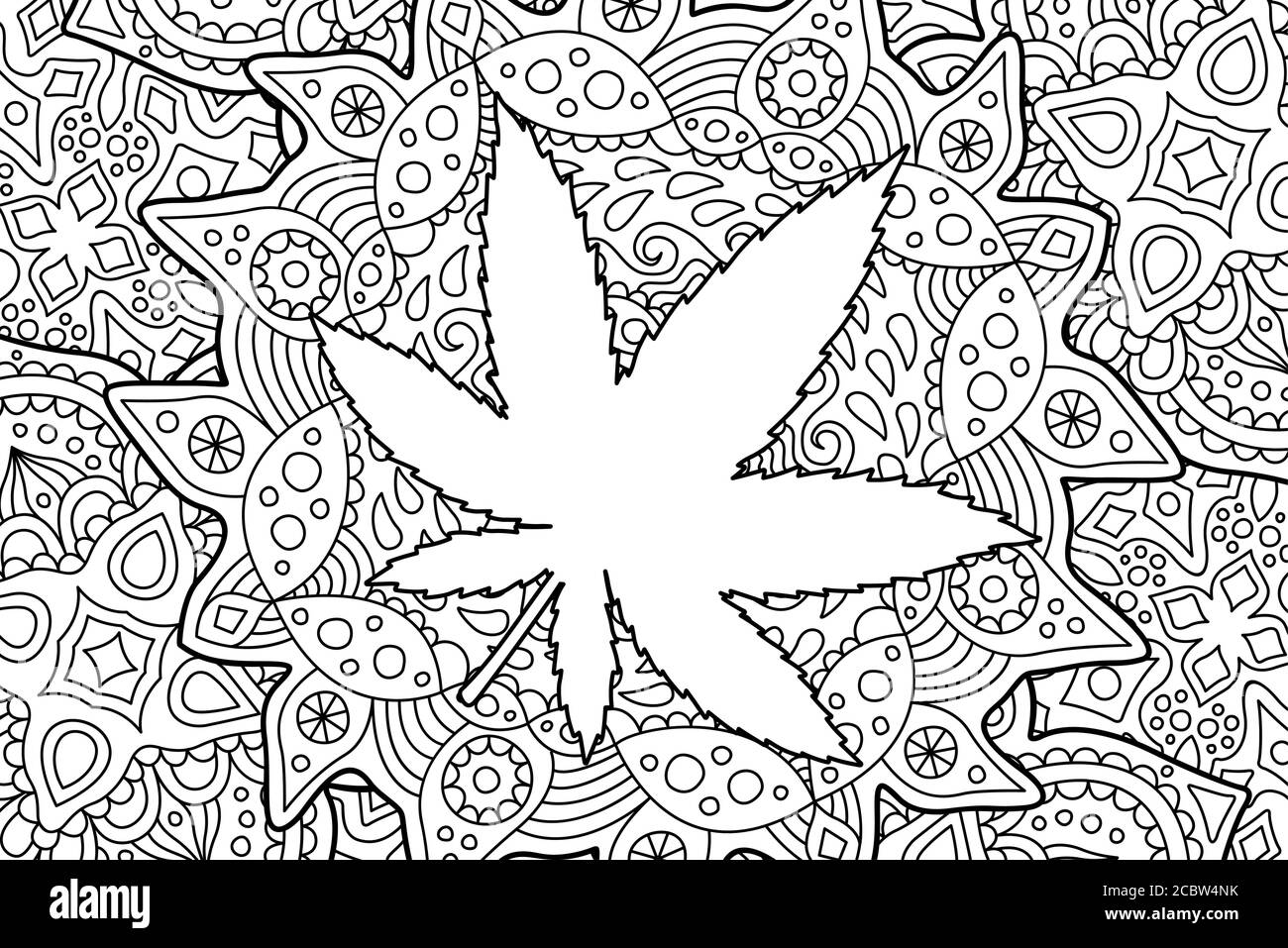 Beautiful adult coloring book page with white cannabis leaf silhouette Stock Vector