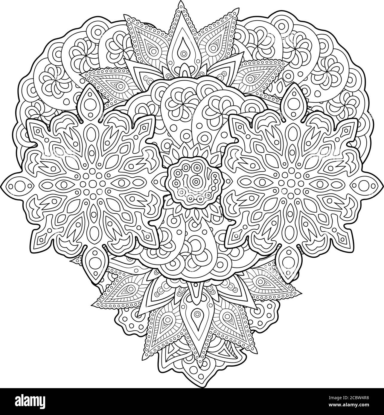 Adult coloring book page with abstract detailed pattern in the shape of heart on white background Stock Vector