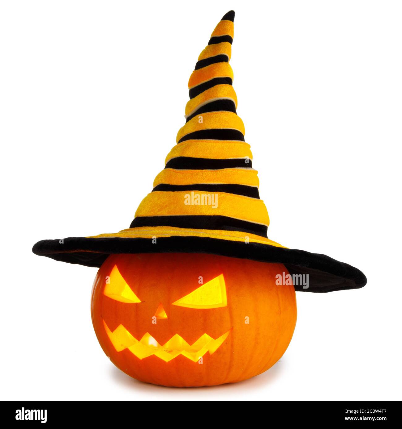Jack O Lantern Halloween pumpkin with witches hat isolated on white ...