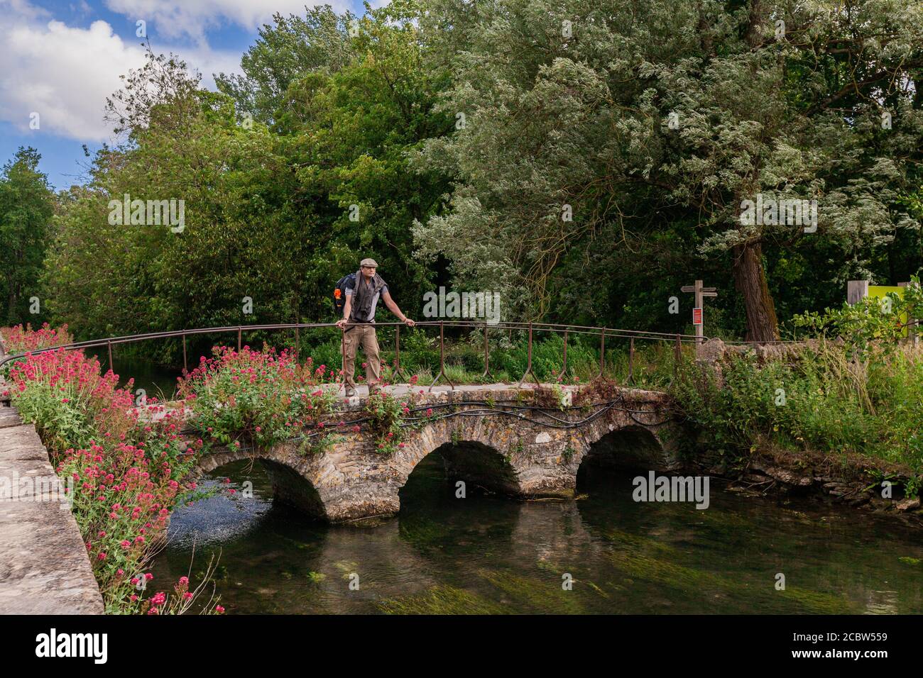 Traveler standing on an old stone bridge on the River Colne flowers in the foreground at Bibury, Cotswold, England Stock Photo