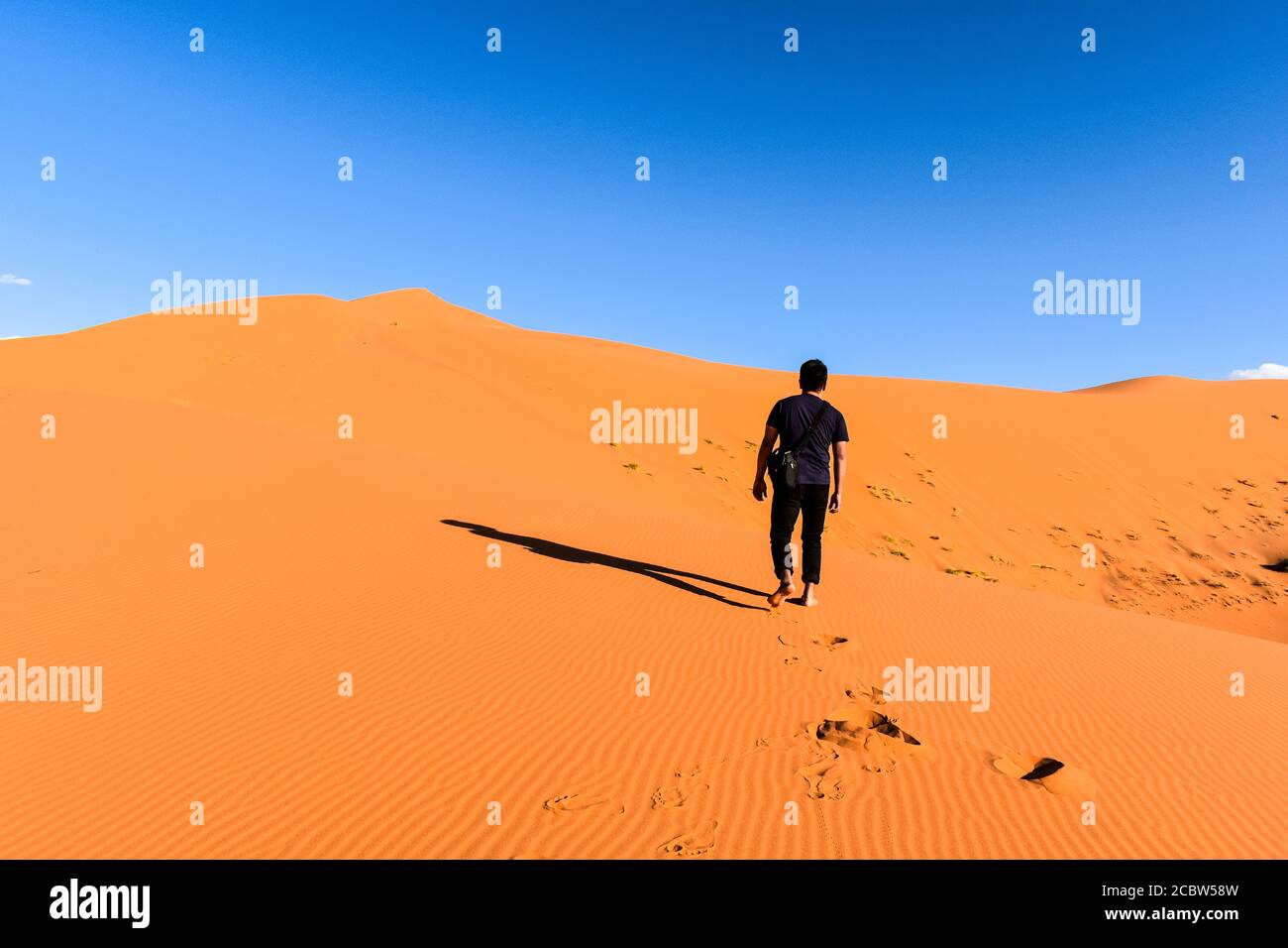 A man walking in the Sahara Desert Stock Photo