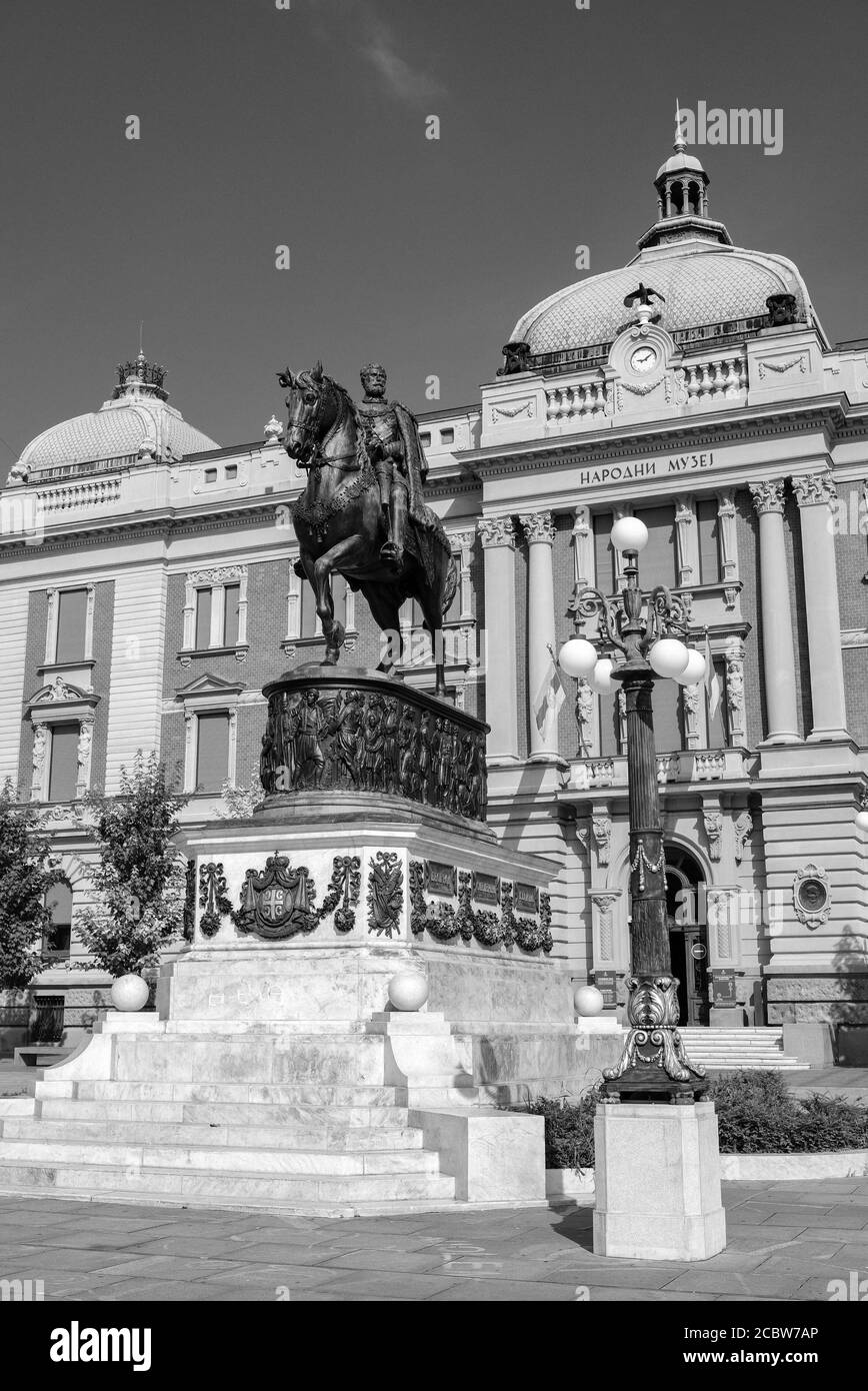 Belgrade / Serbia - August 8, 2020: The statue of Prince Mihailo Obrenovic and National Museum of Serbia in the Republic Square in Belgrade, Serbia Stock Photo