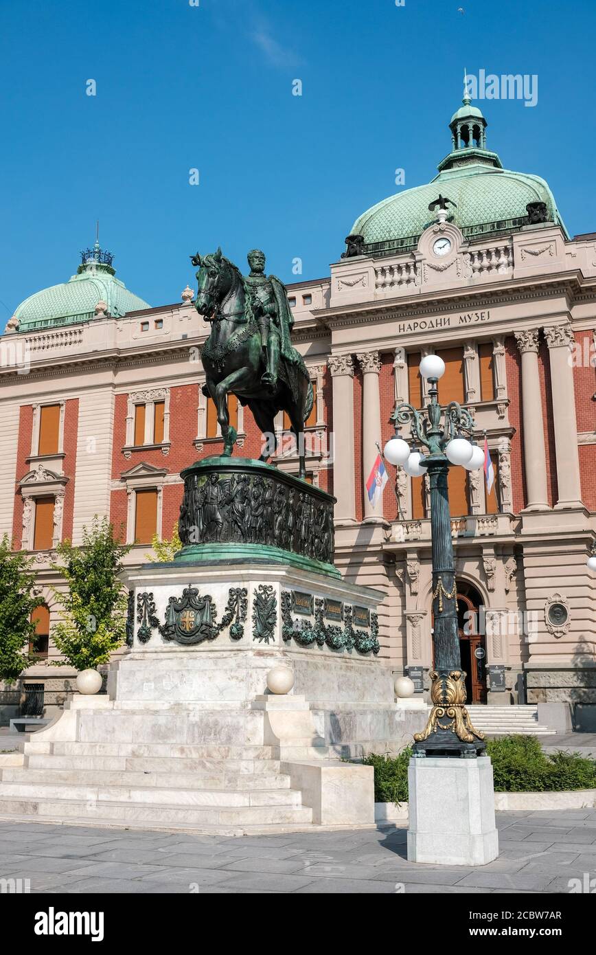 Belgrade / Serbia - August 8, 2020: The statue of Prince Mihailo Obrenovic and National Museum of Serbia in the Republic Square in Belgrade, Serbia Stock Photo