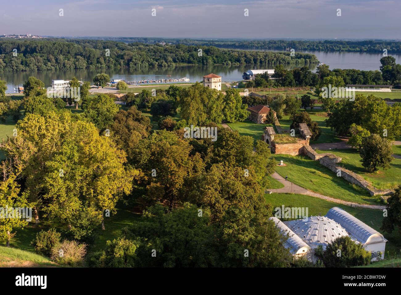 Lower Kalemegdan park and confluence of rivers Danube and Sava, view from Belgrade Fortress in Belgrade, Serbia Stock Photo