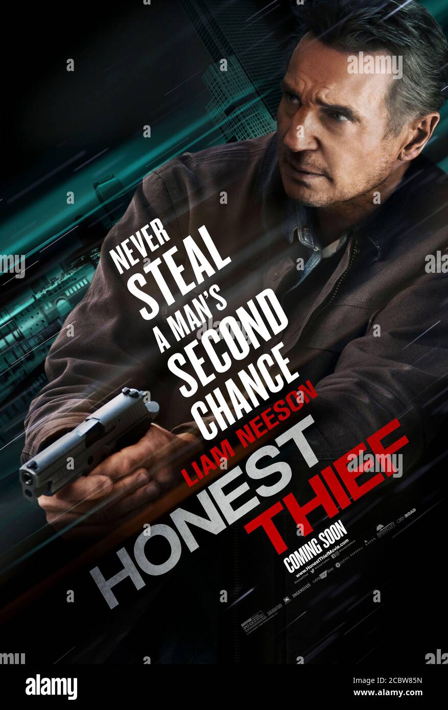 Honest Thief (2020) directed by Mark Williams and starring Liam Neeson, Kate Walsh, Jai Courtney and Jeffrey Donovan. A successful bank robber decides to go straight only to be  double-crossed by law enforcement agents. Stock Photo