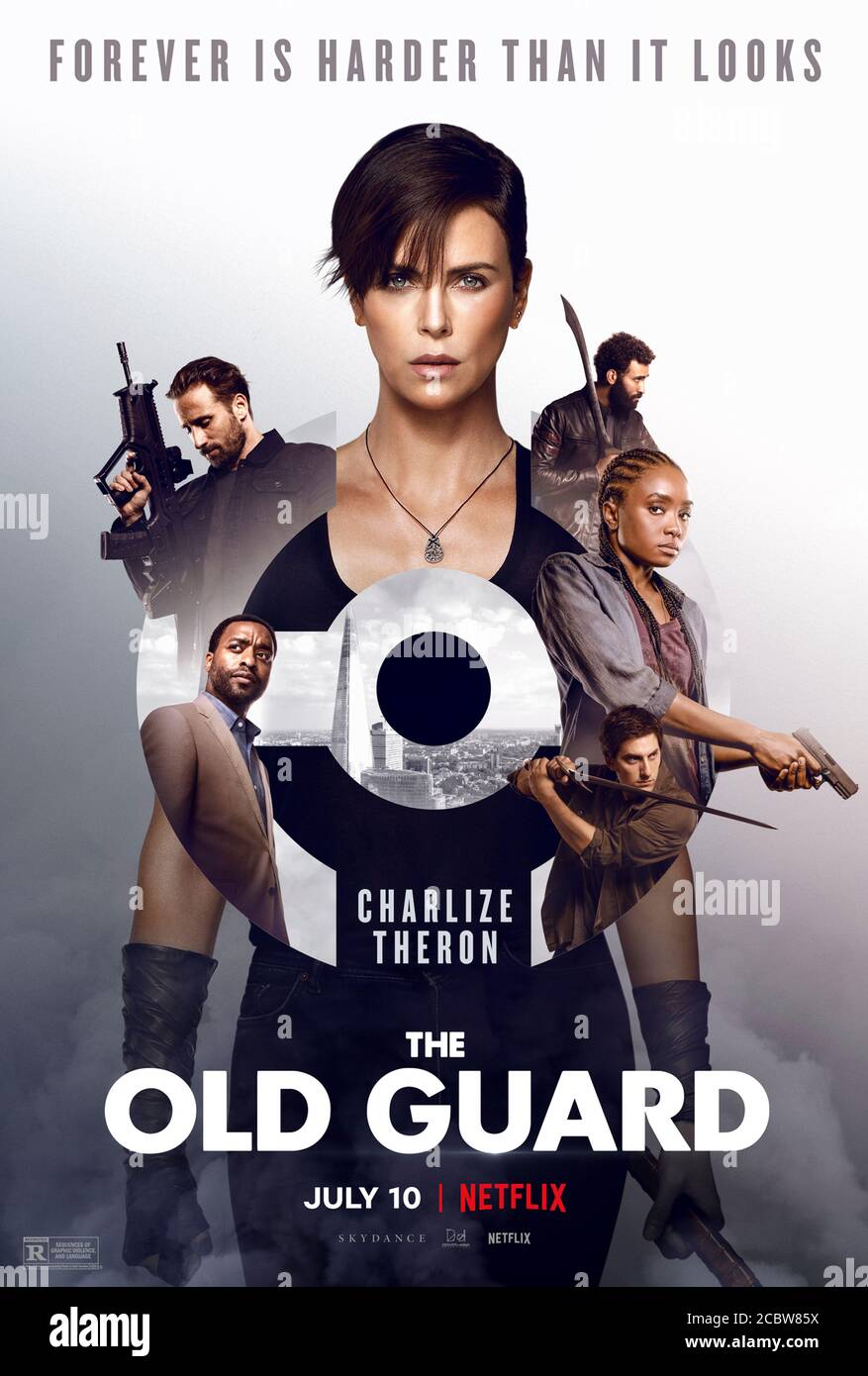 The Old Guard (2020) directed by Gina Prince-Bythewood and starring Charlize Theron, KiKi Layne, Chiwetel Ejiofor and Matthias Schoenaerts. Big screen adaptation of the comic book about a team of immortal mercenaries. Stock Photo