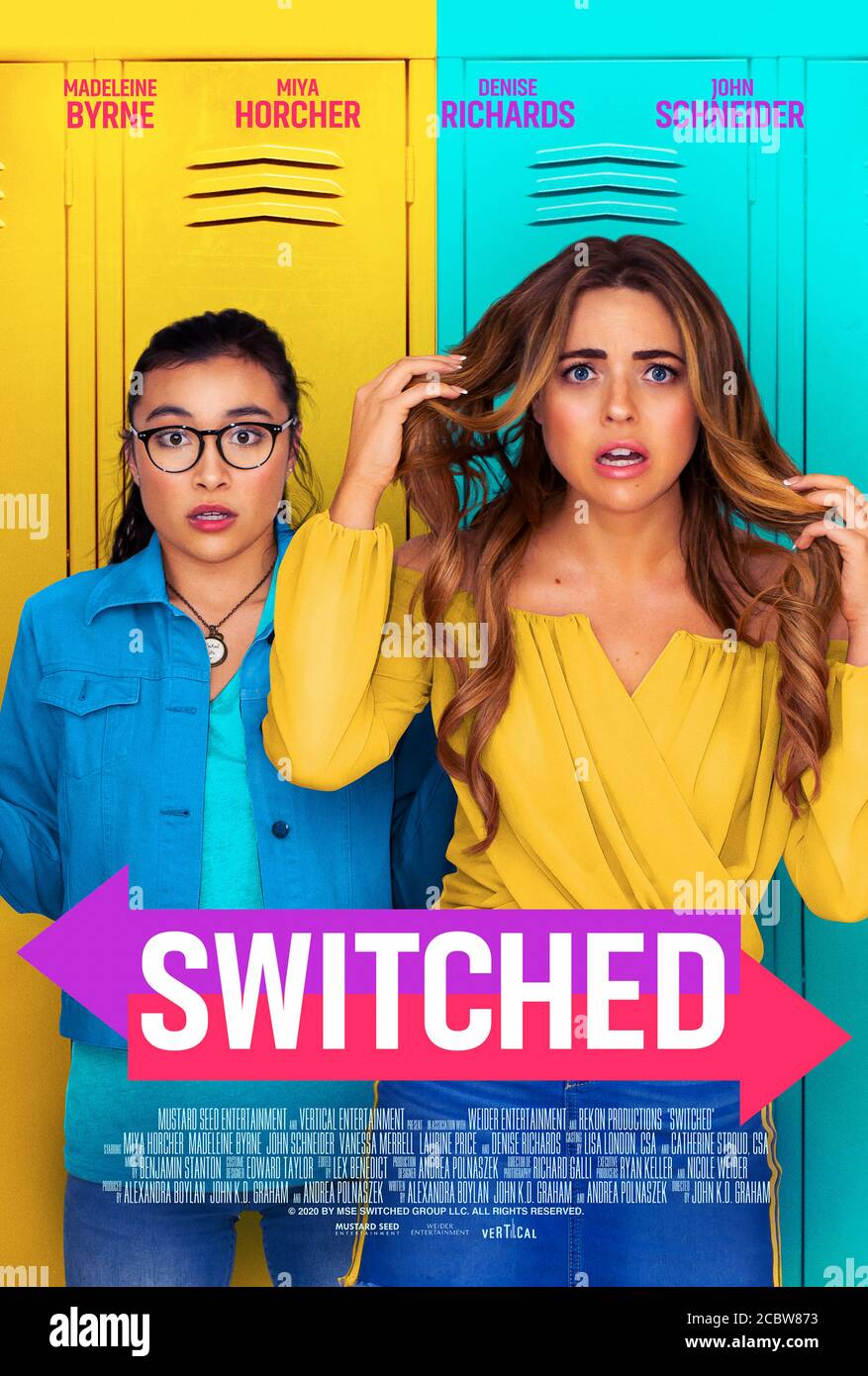 Switched (2020) directed by John K.D. Graham and starring Denise Richards, John Schneider, Vanessa Merrell and Madeleine Byrne. Role reversal comedy about a bullying social media star who exchange bodies with one of her victims. Stock Photo