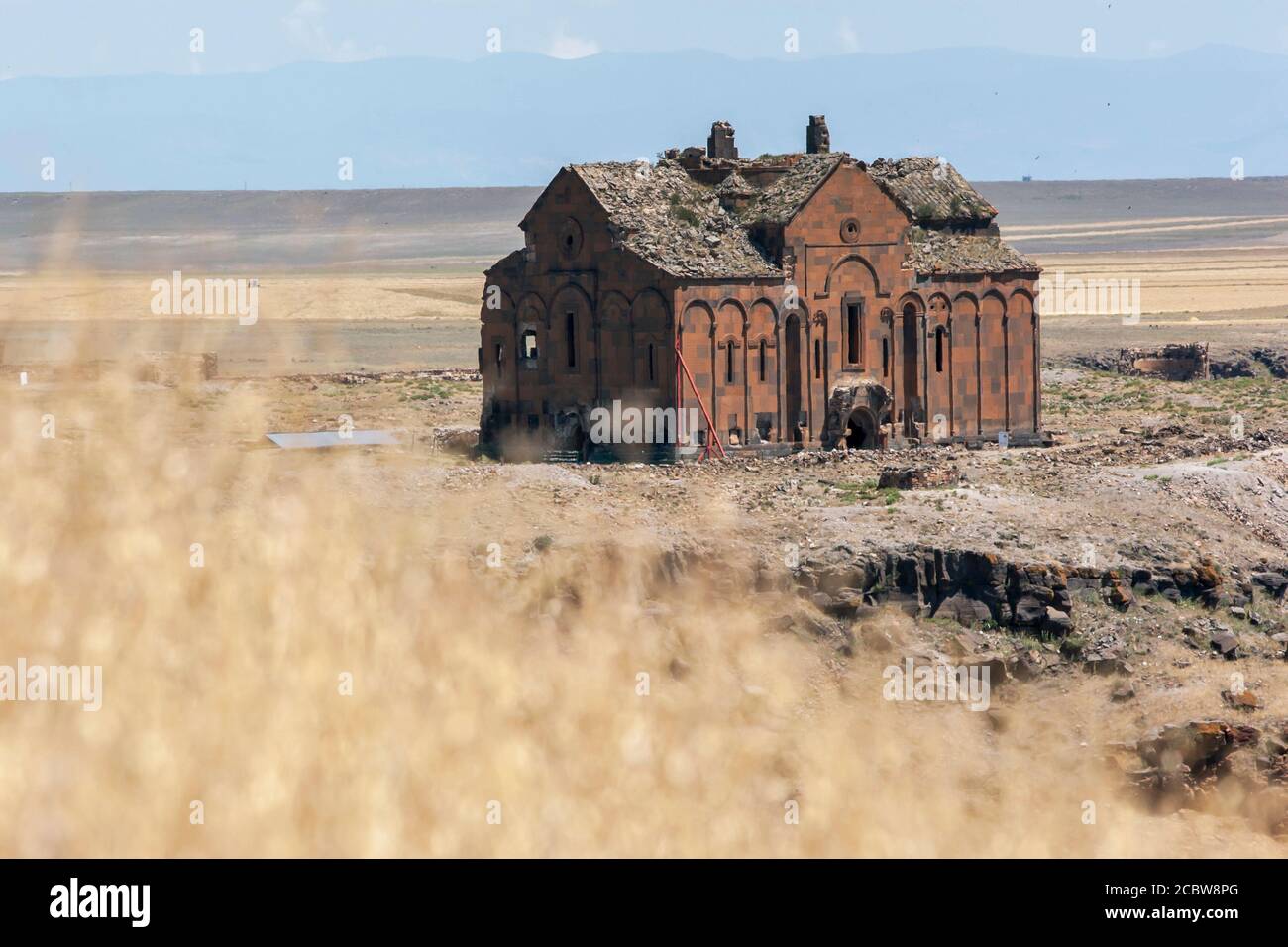 One of the preserved buildings at Ani in Turkey is the Cathedral, built by Armenian King Sembat in 987 AD. Ani was built in the 10th century. Stock Photo