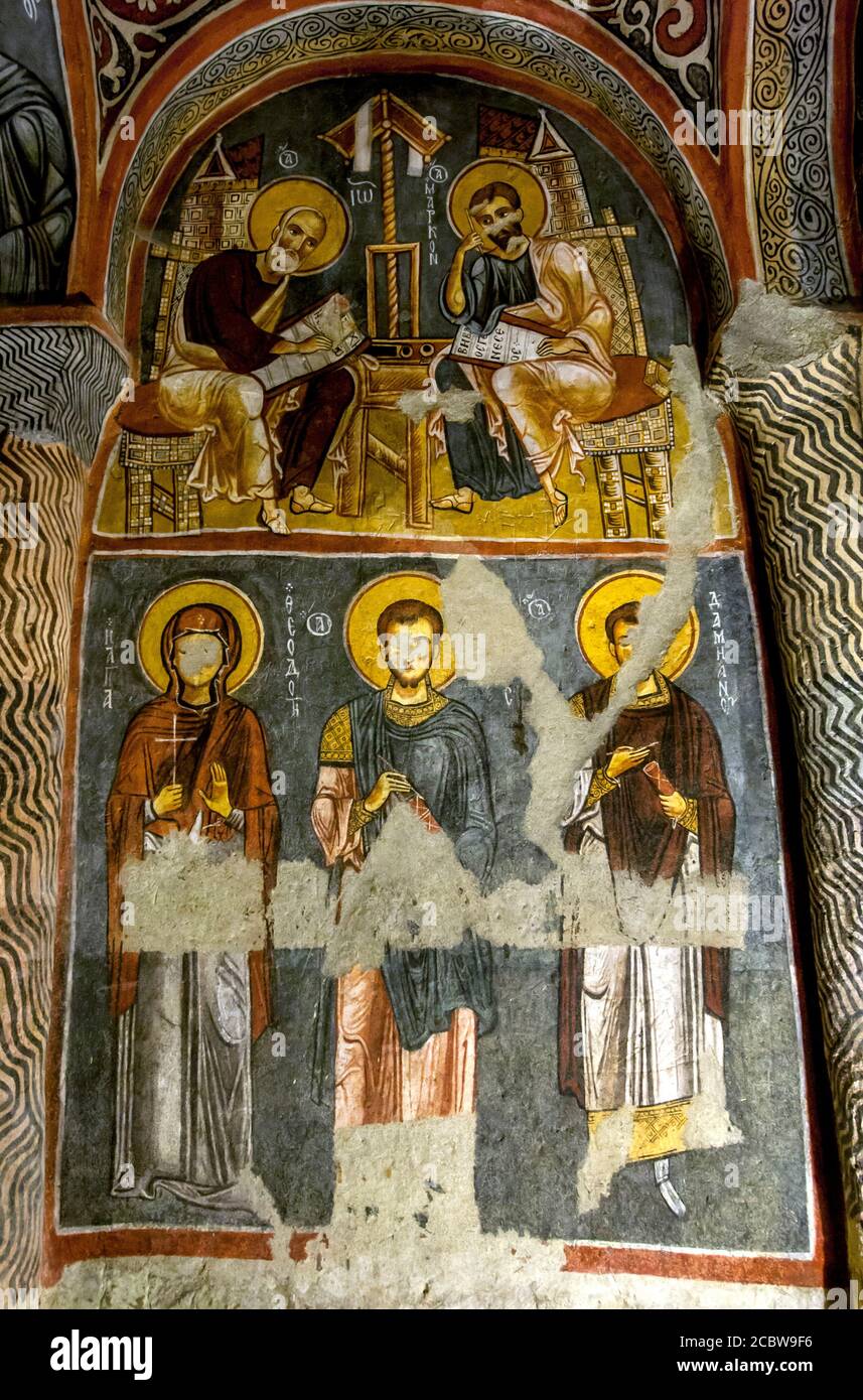 A beautiful fresco inside the Karanlik Kilise (Dark Church) at the Open Air Museum at Goreme in the Cappadocia region of Turkey. Stock Photo