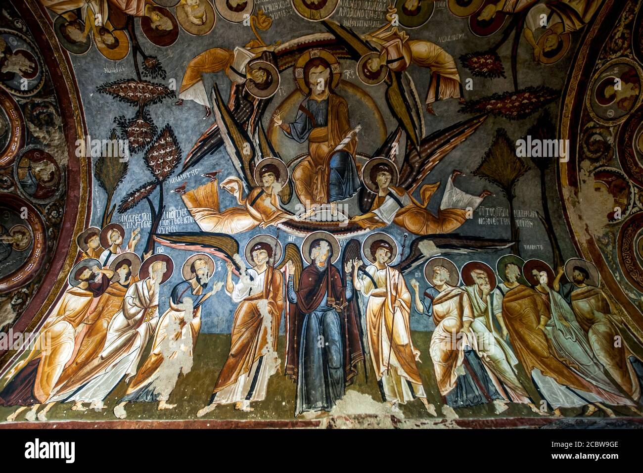 A beautiful fresco showing Christ with The Virgin and the Archangels at the Karanlik Kilise (Dark Church) at the Open Air Museum at Goreme in Turkey. Stock Photo