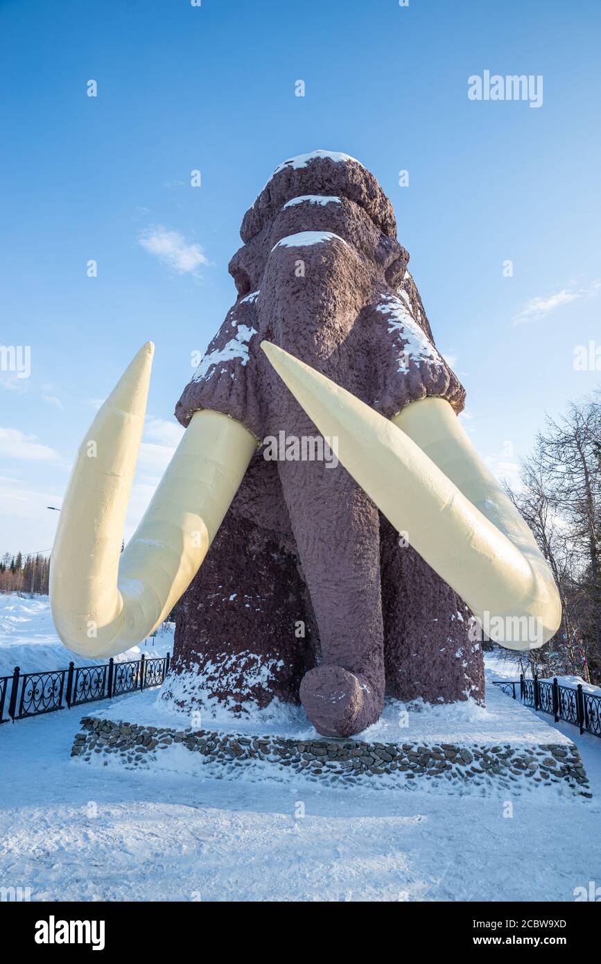 Monument to a mammoth at the entrance of Salekhard, Yamalo-Nenets Autonomous Okrug, Russia Stock Photo