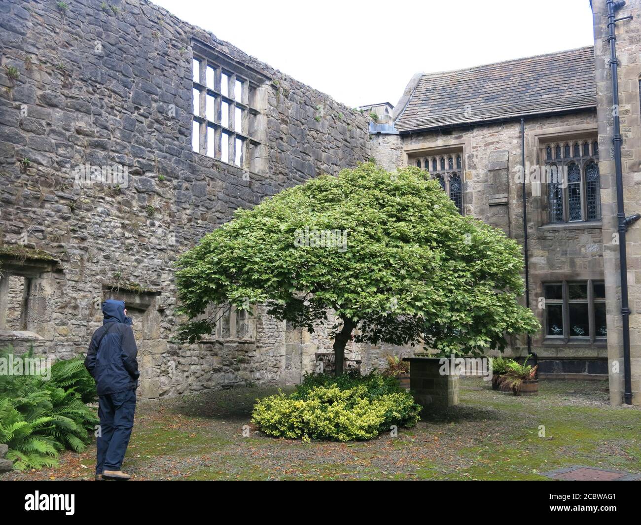 Visitor in wet weather gear walks round the ancient stone walls that are the remains of Whalley Abbey in Clitheroe, Lancashire. Stock Photo