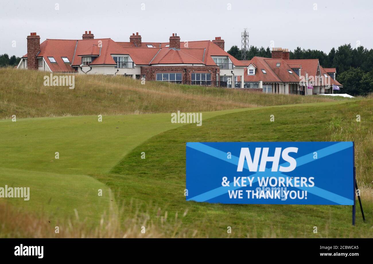 A general view of the club house with a banner thanking the NHS and key workers during day four of the Aberdeen Standard Investments Ladies Scottish Open at The Renaissance Club, North Berwick. Stock Photo