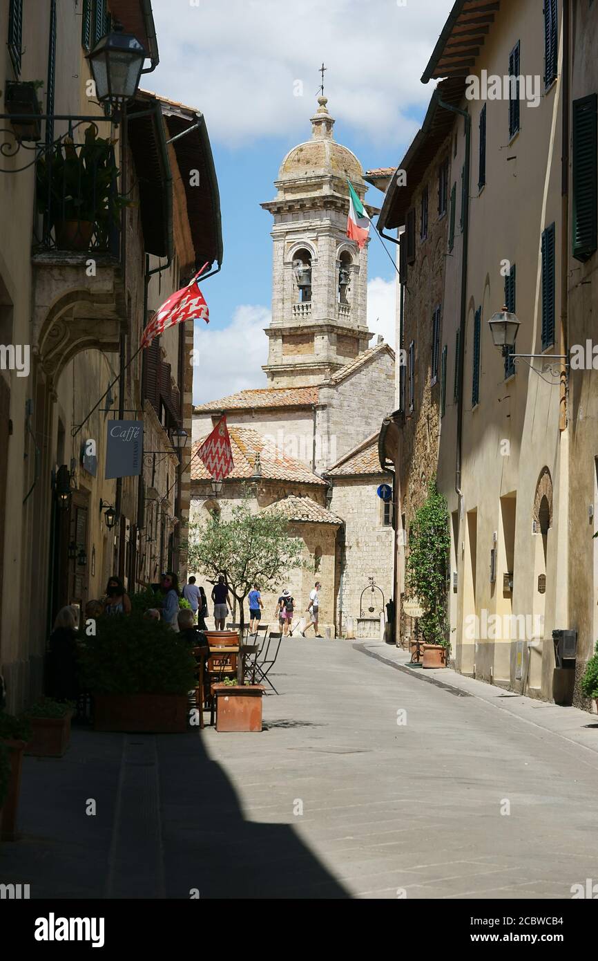 covid-19 period, Via Dante alighieri, Pieve dei santi quirico e giuditta, San Quirico d'orcia, Siena, tuscany, Italy Stock Photo