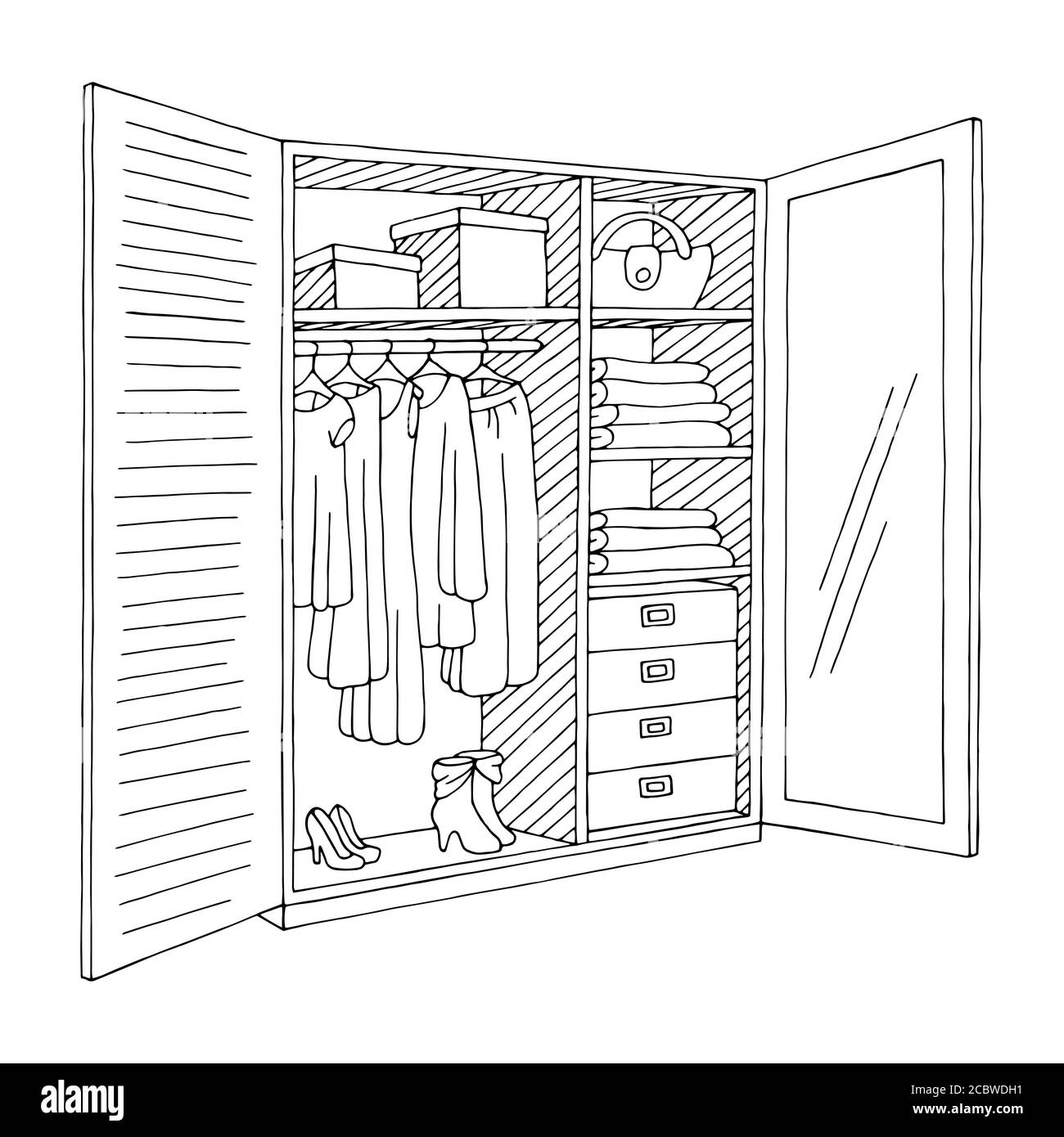 Wardrobe open doors graphic black white isolated sketch illustration vector Stock Vector