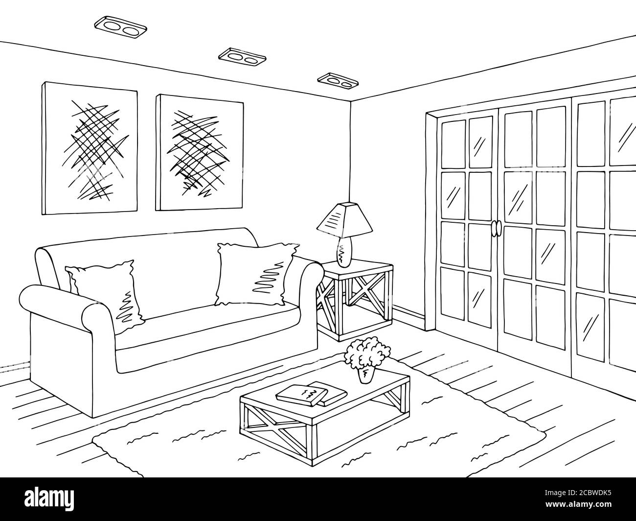 Living room graphic black white home interior sketch illustration ...