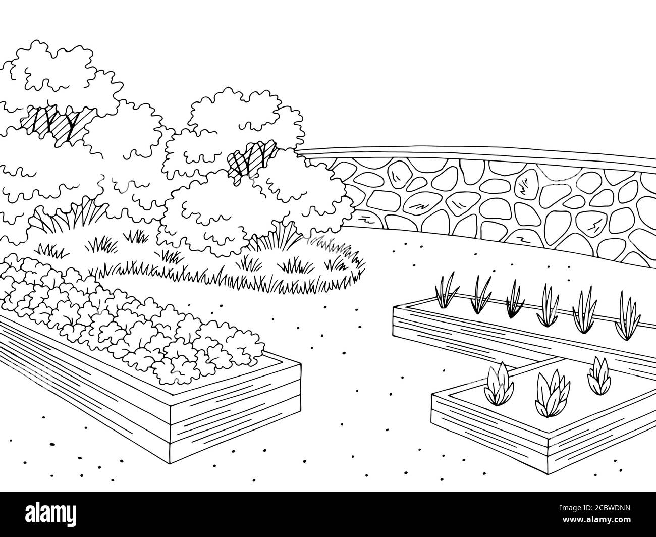Market garden graphic black white landscape sketch illustration vector Stock Vector