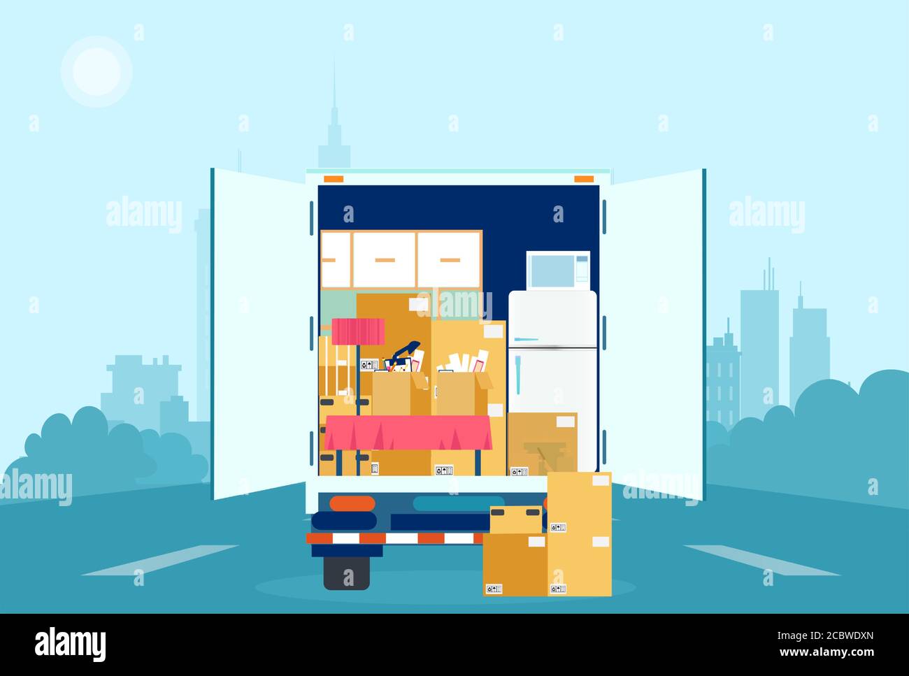 Vector of a moving truck with cardboard boxes and furniture inside on cityscape background Stock Vector