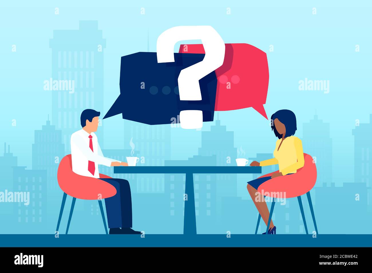 Vector of a businessman and businesswoman having questions during ...