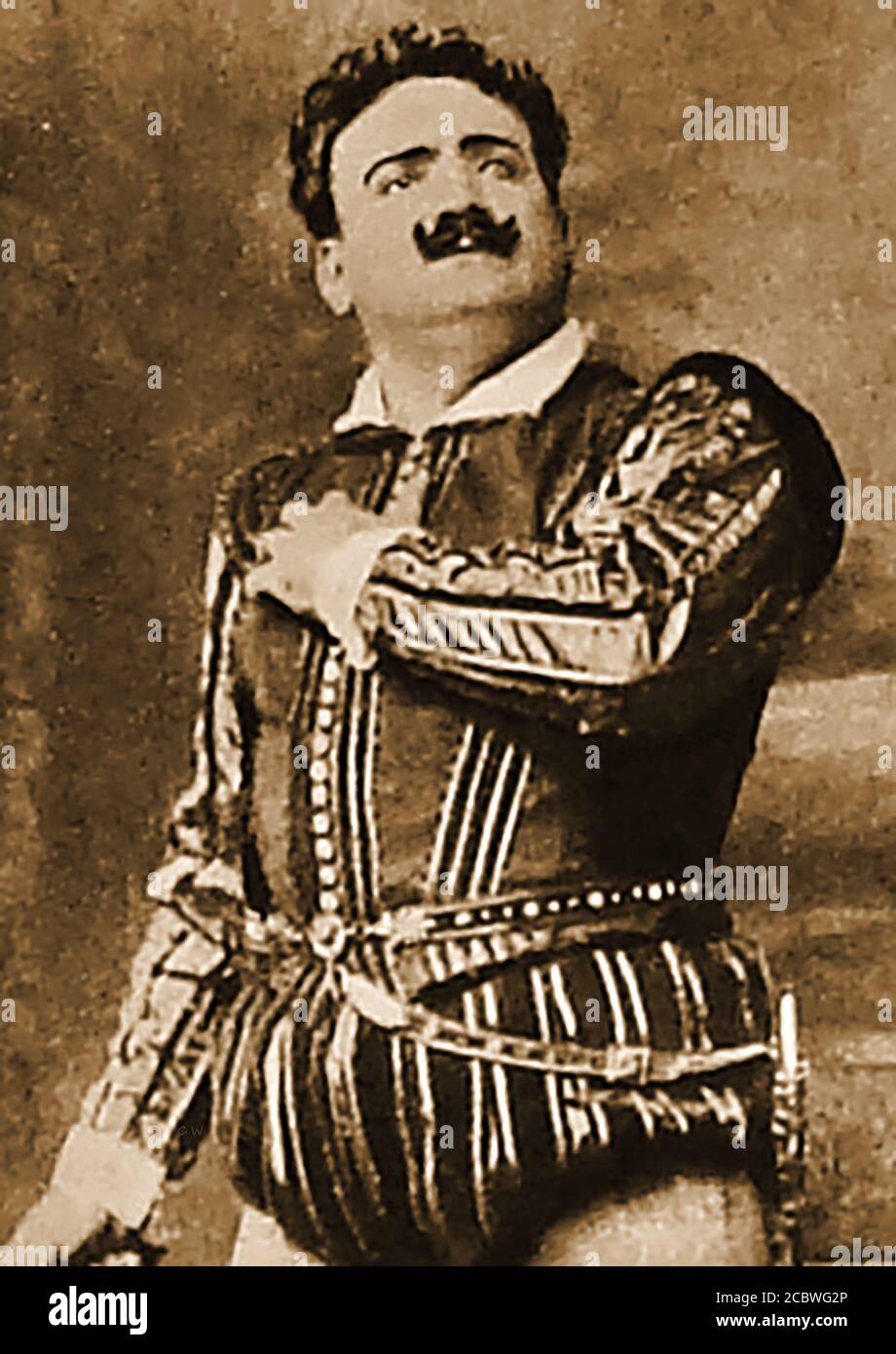 Enrico Caruso (1873-1921) dressed in period costume. Caruso was an internationally acclaimed,  Italian operatic tenor who performed at  major opera houses in Europe and the Americas with  his  Italian and French repertoires. He was one of the first singers of his time  to be commercially recorded. He was also an accomplished sketch artist and an avid collector of stamps,coins, watches and antique snuffboxes as well as a compiler of scrap books. Stock Photo