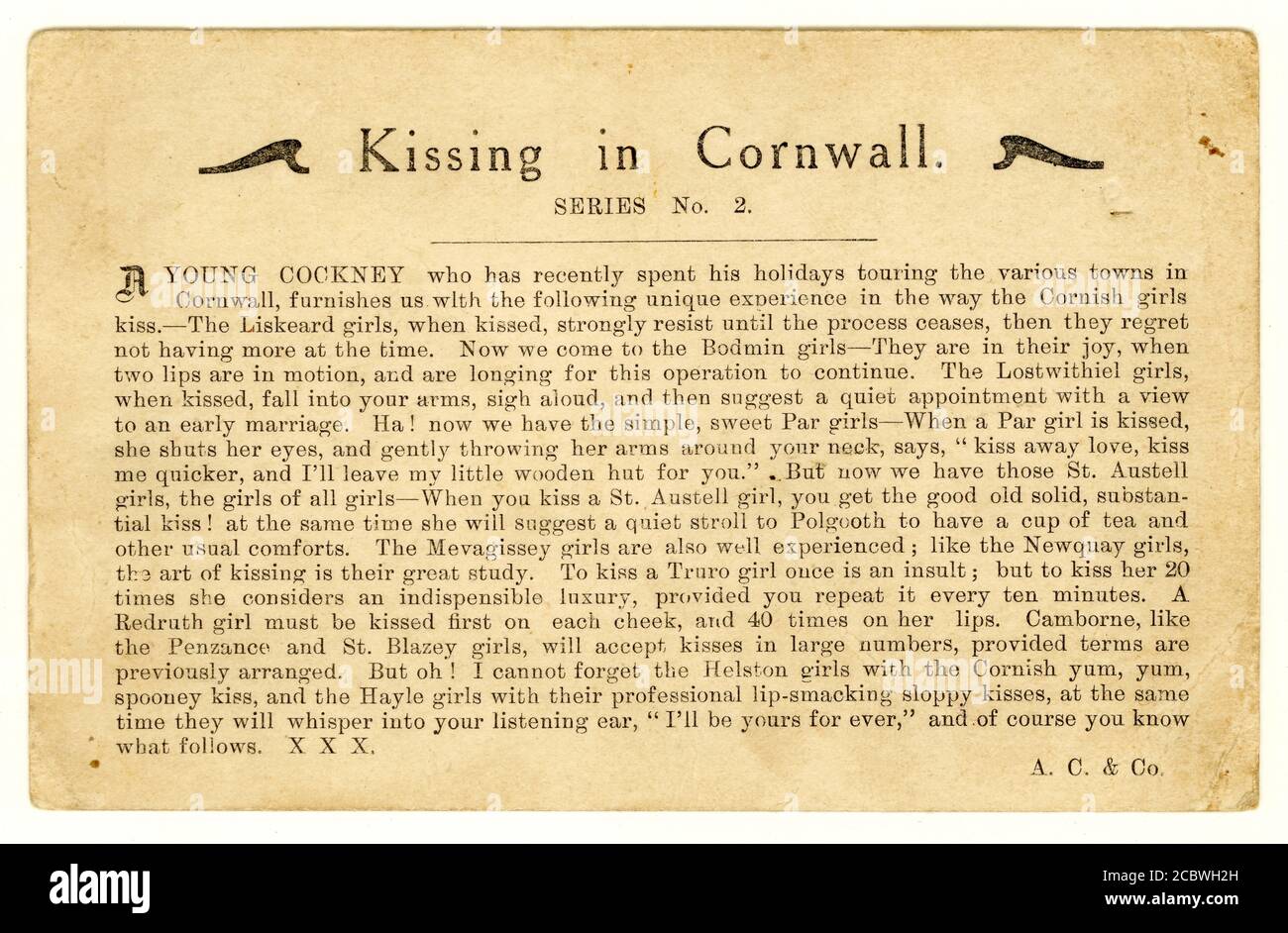 Early 1900's humorous postcard of Kissing in Cornwall text, A cockney's experiences of kissing different Cornish girls, Cornwall, U.K Stock Photo