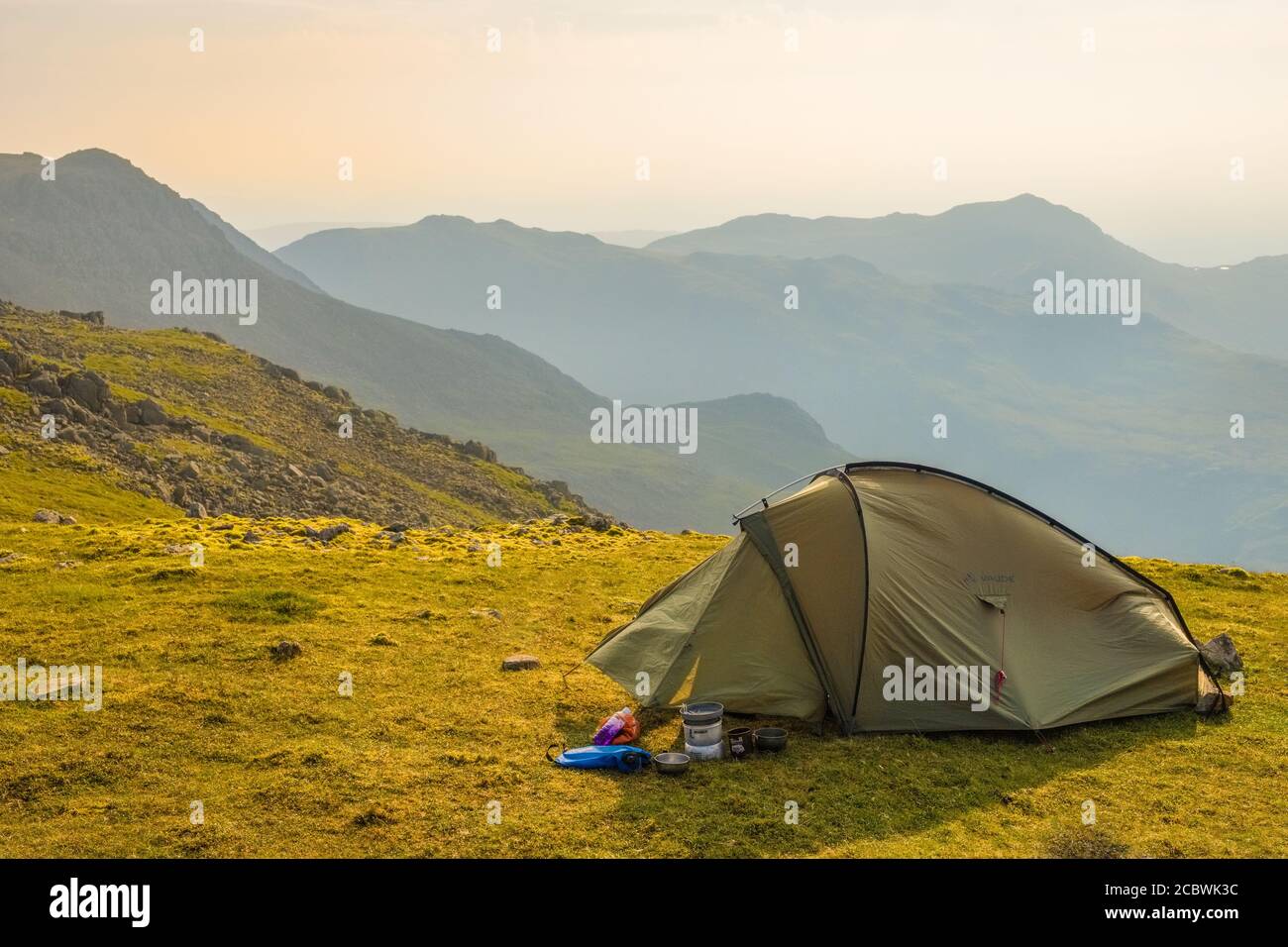 Wild camp on Scafell whilst backpacking in the mountains of the Lake District National Park, UK Stock Photo