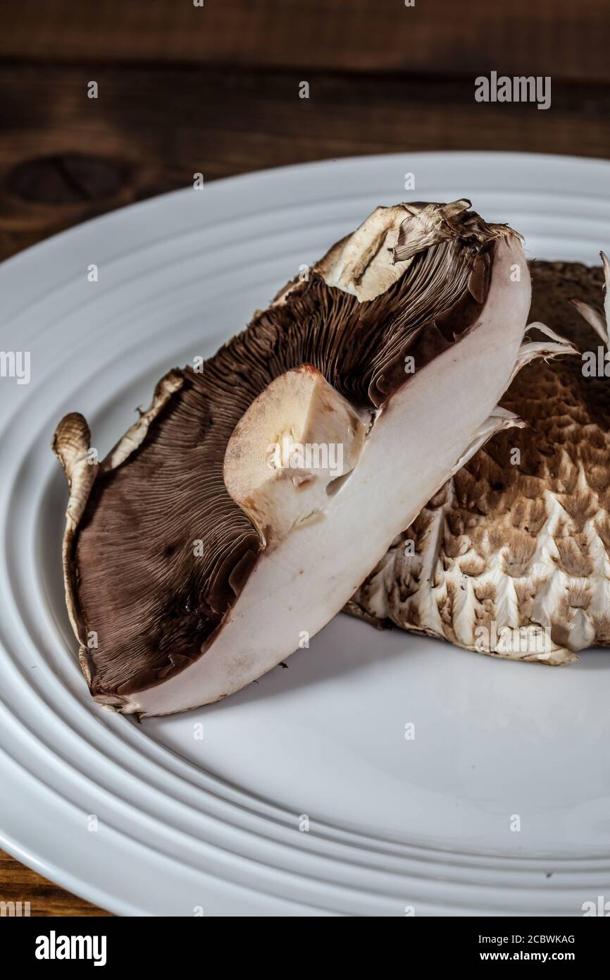 Portabella mushroom caps cut on white plate Stock Photo