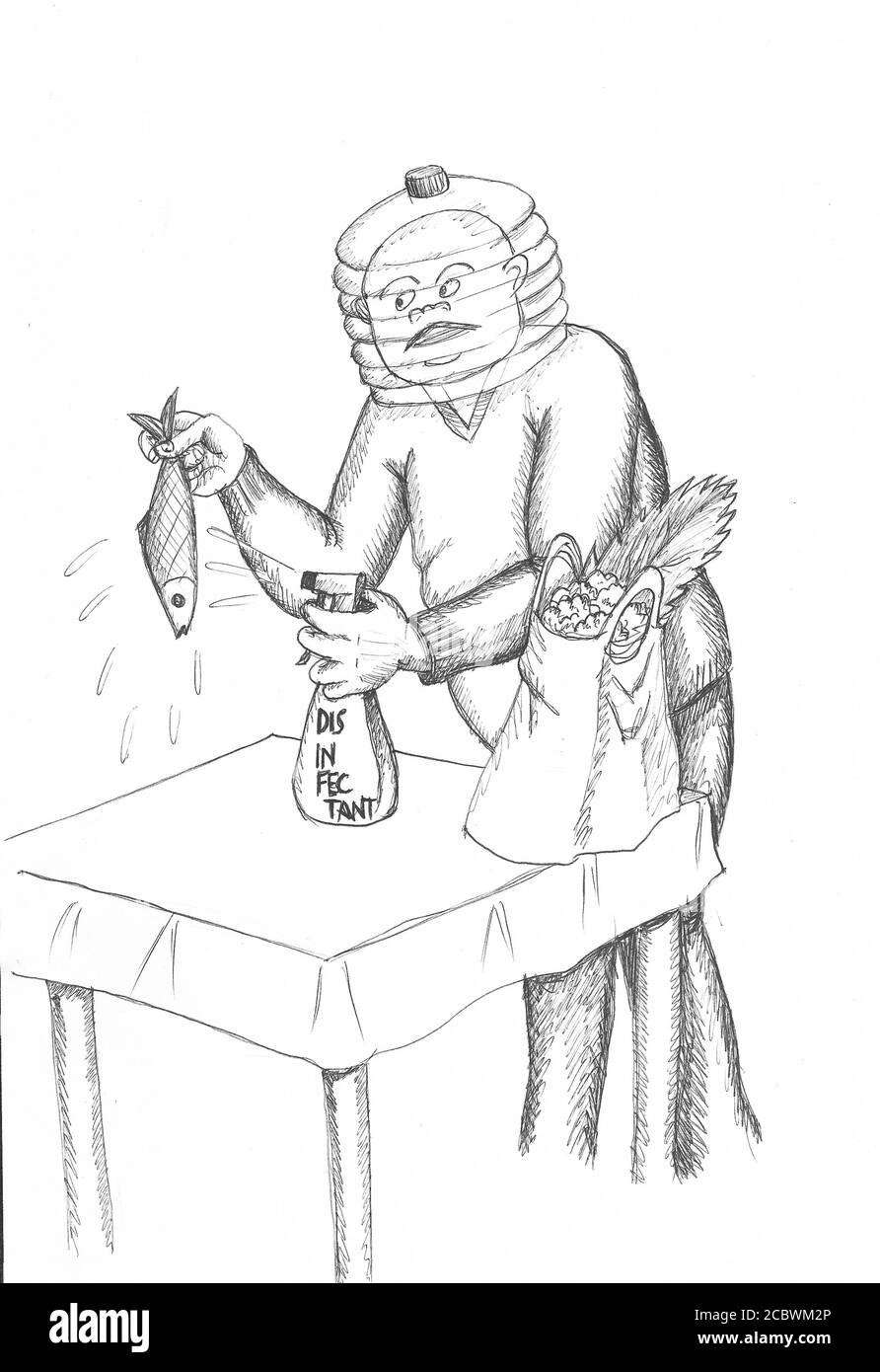 Hypochondriac man disinfecting a sardine. Illustration. Stock Photo