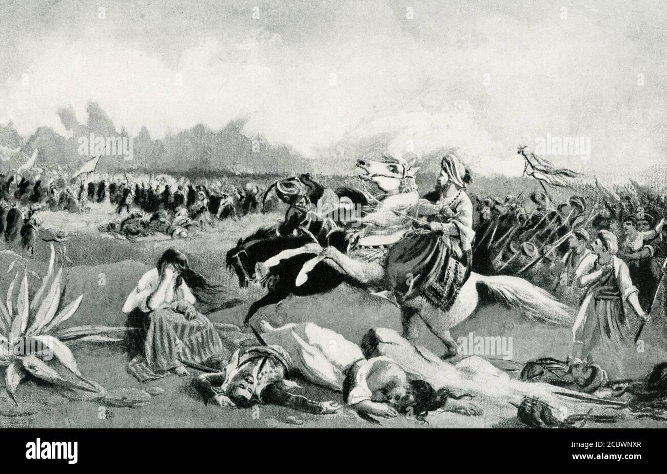 The caption for this illustrations dating to around 1900 reads: Final Assault and Massacre at Missolonghi. This occurred in 1826, during the Greek war of independence. The people of Missolonghi withstood a siege of twelve months. They were reduced to eating rats, hides, and sea-weed. Finally, sooner than surrender, the men made a desperate night attack on the Turks, and such of the women and children, as were able rushed out of the city behind them. Many cut their way through their foes and escaped. The remnant, bewildered in the confusion and uproar, fell back into the city, the Turks enterin Stock Photo