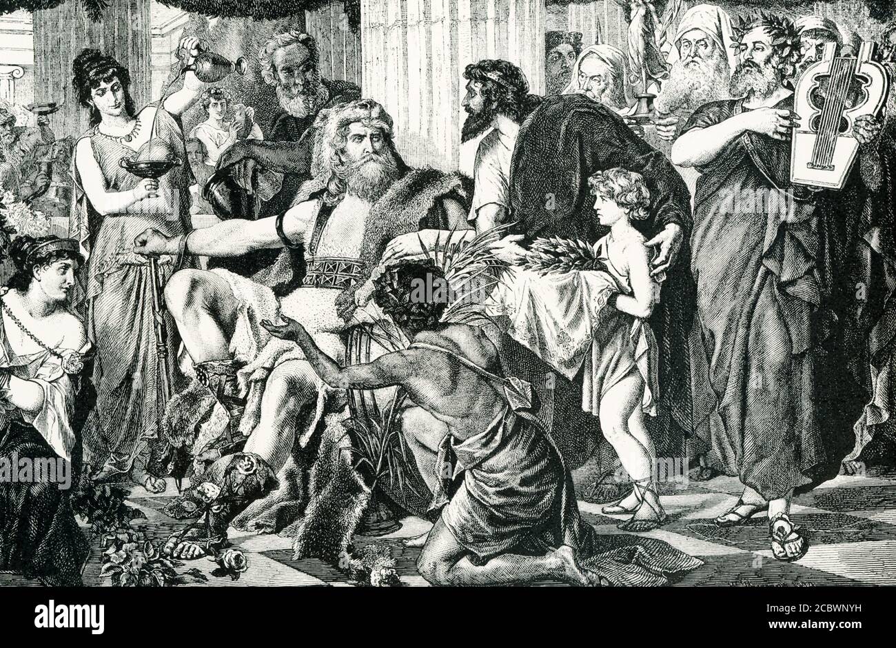 The caption on thisillustration datimng to around 1900 reads: Alaric Receiving the Presents of the Athenians. This picture shows Athens in her decadence. Her citizens had become very wealthy by trade, but they had lost their ancient spirit and courage. Alaric, with an army of Gothic barbarians, ravaged Greece, and was received by the degenerate Athenians as a conqueror. Both men and women brought him presents, knelt at his feet, and did all that slavish cowardice could suggest to please him. Stock Photo