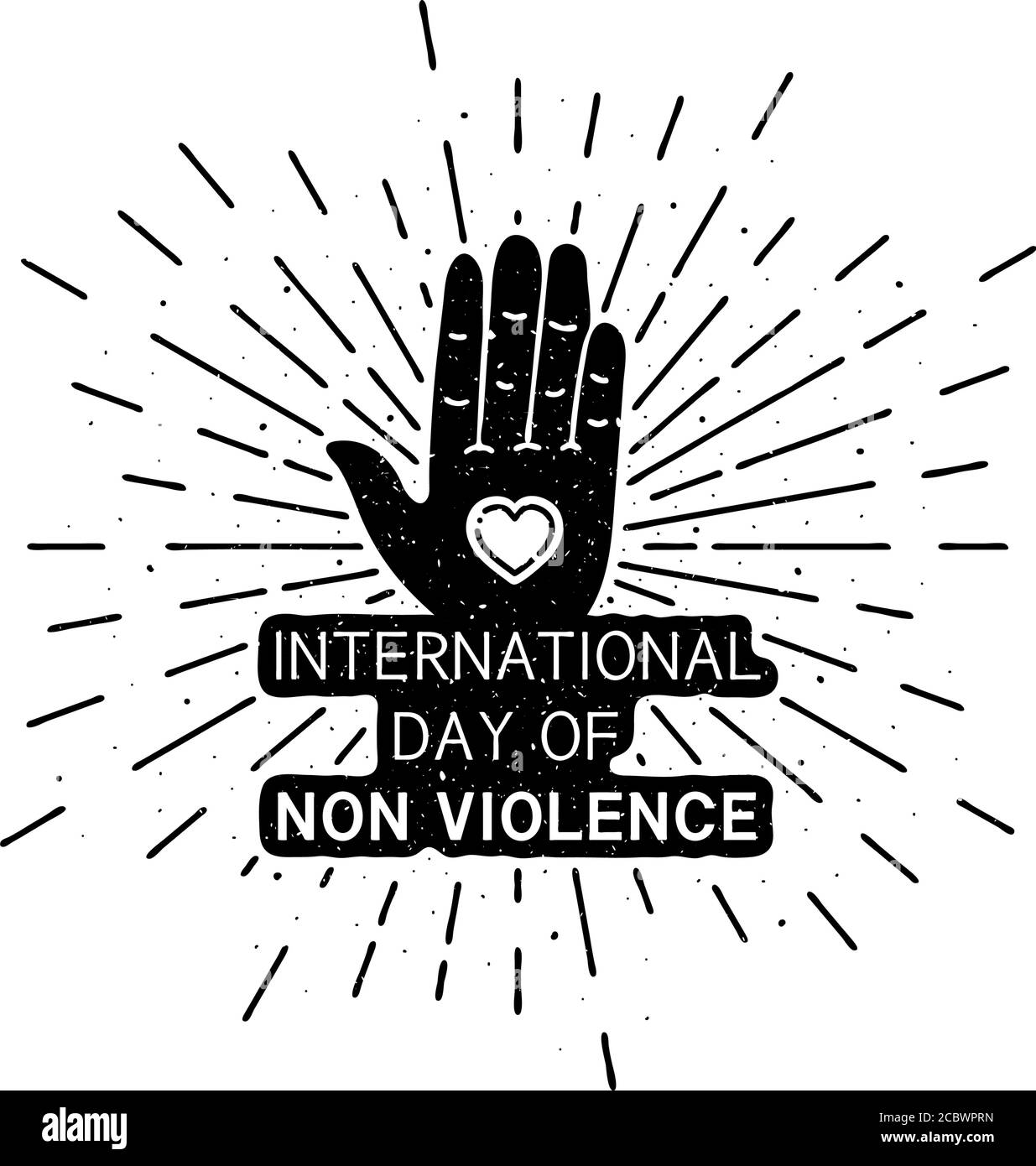 International day of non violence with lettering. Holiday grunge vintage illustration with sun rays in the background Stock Vector