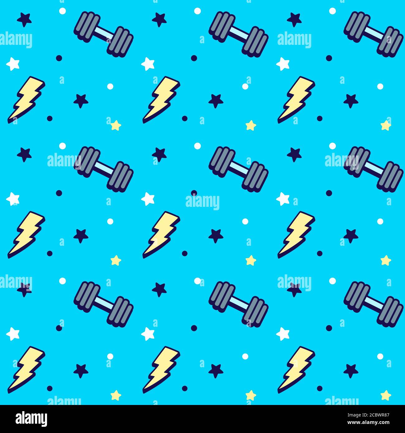 Cartoon fitness weightlifting pattern with dumbbells, lightning bolts and stars. Cute hand drawn doodles, bright comic style. Vector seamless texture Stock Vector