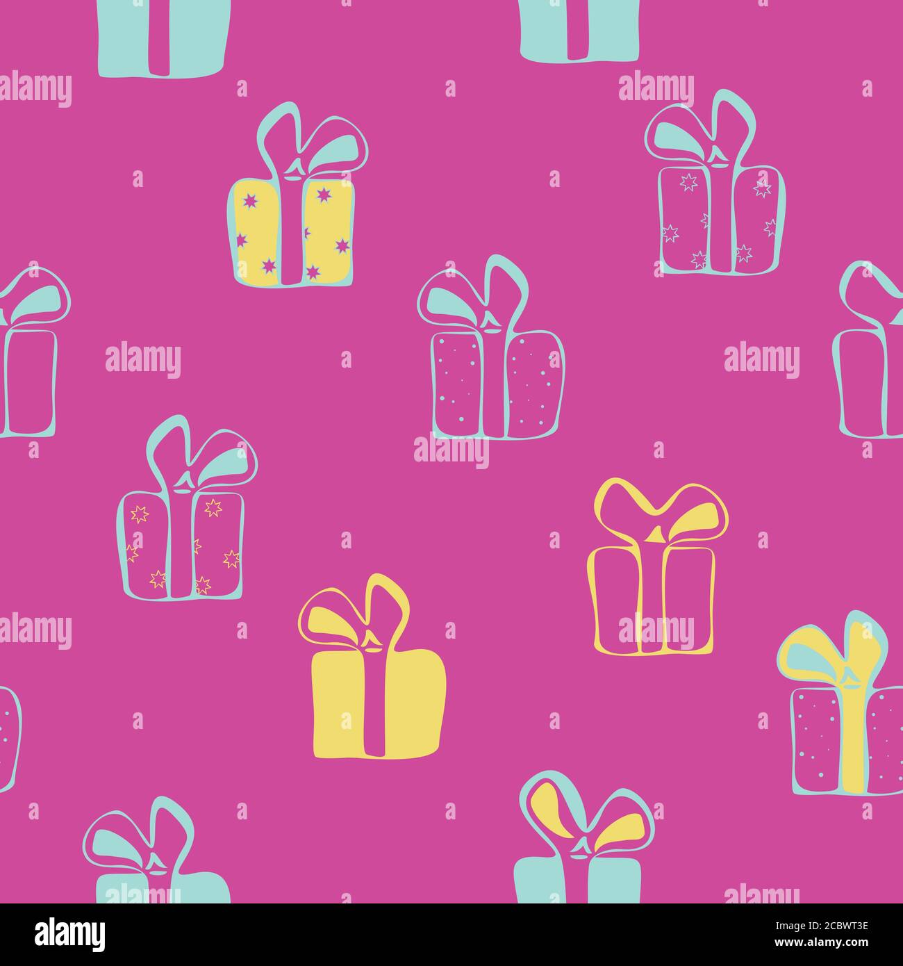 Vector seamless pattern of giftboxes on pink background. Gift box with bows. Stock Vector