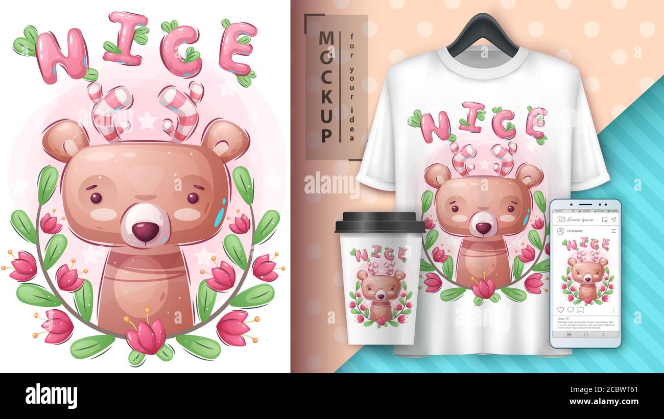 Pretty bear - poster and merchandising. Stock Vector