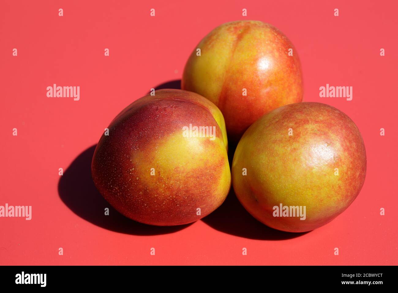Three ripe nectarines on red background. Stock Photo