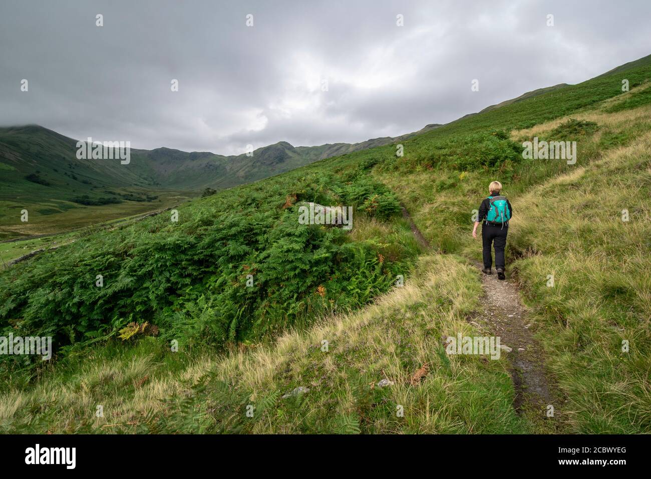Lady hiking in the Bannerdale/Martindale area of the Lake District, Cumbria Stock Photo