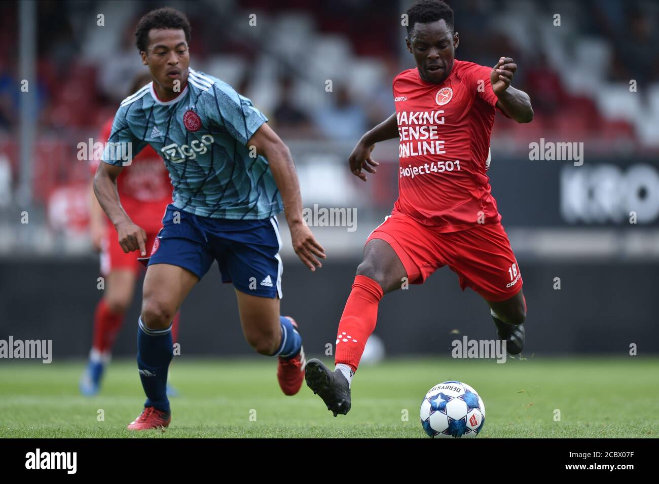 ALMERE, NETHERLANDS - AUGUST 1: Nourdin Musampa of Jong Ajax, Jearl  Margaritha of Almere City FC seen during the pre season match Almere City  FC v Jong Ajax on August 1, 2020