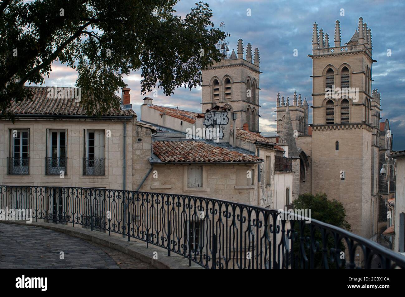 Old town with views of the Cathedral Saint Pierre and Faculty or University of Medicine in the background Montpellier France.  The Guilhem dynasty end Stock Photo