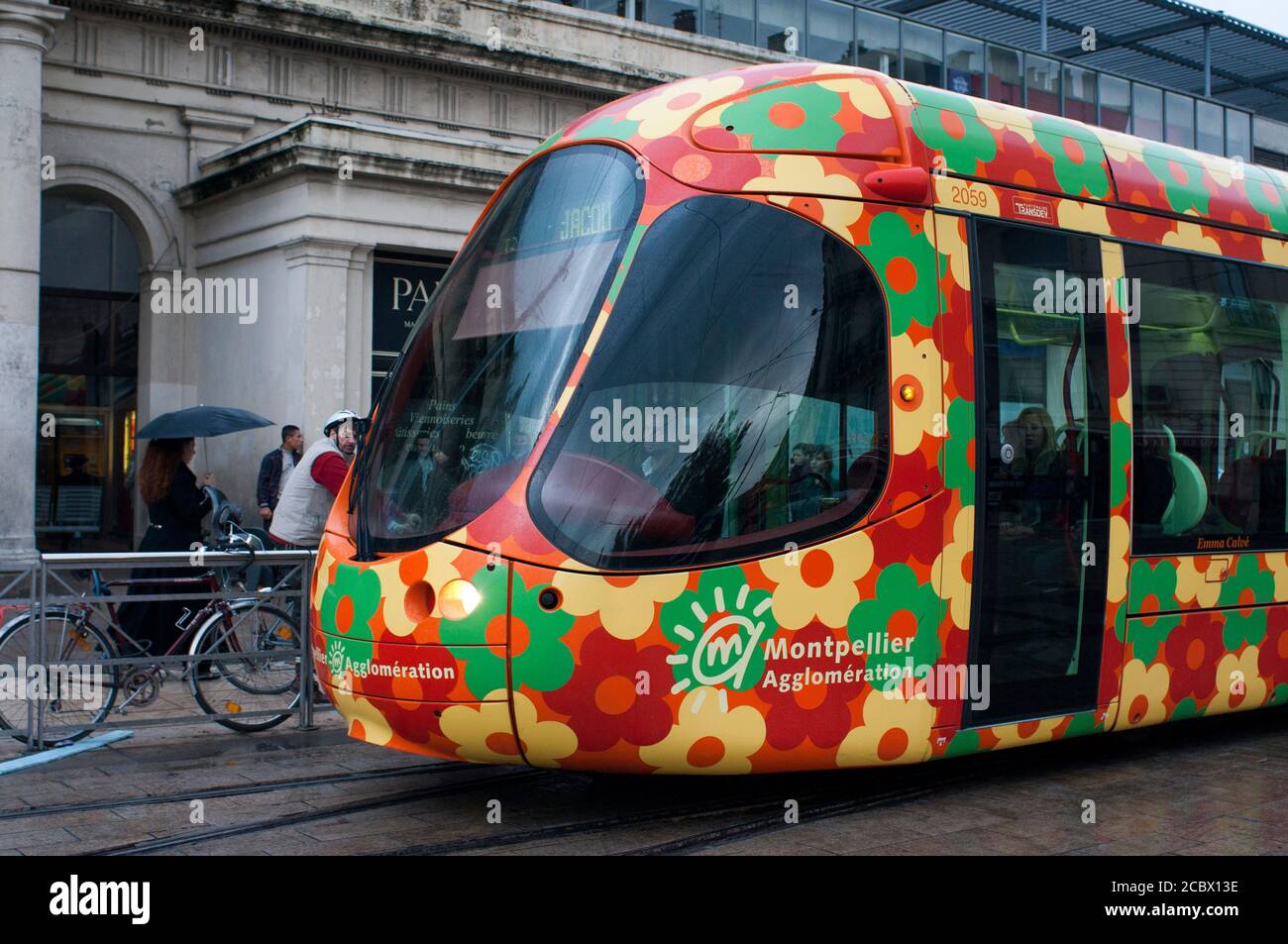 City public transport. Beautiful multi-colored tramway. The Montpellier tramway system has 4 lines and 84 stations France Stock Photo