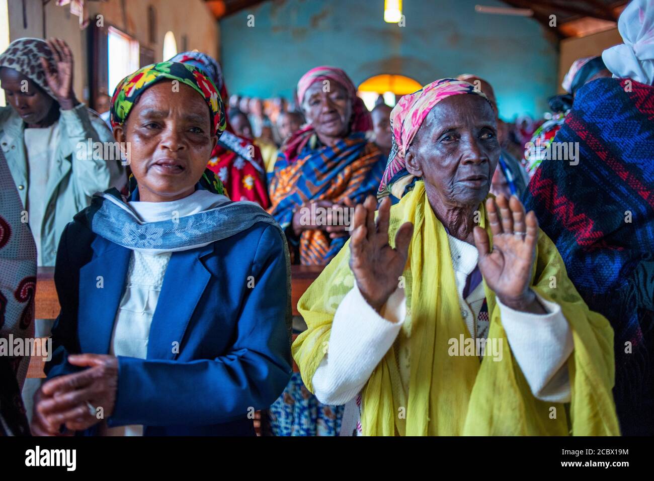 Christian sunday mass in a small village near Kitui in the Kamba country in Kenya, Africa. Stock Photo