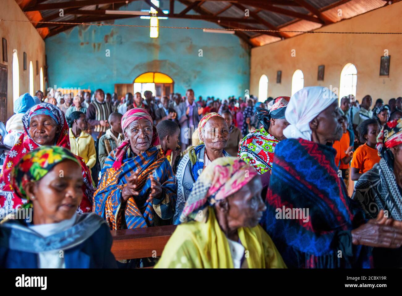 Christian sunday mass in a small village near Kitui in the Kamba country in Kenya, Africa. Stock Photo