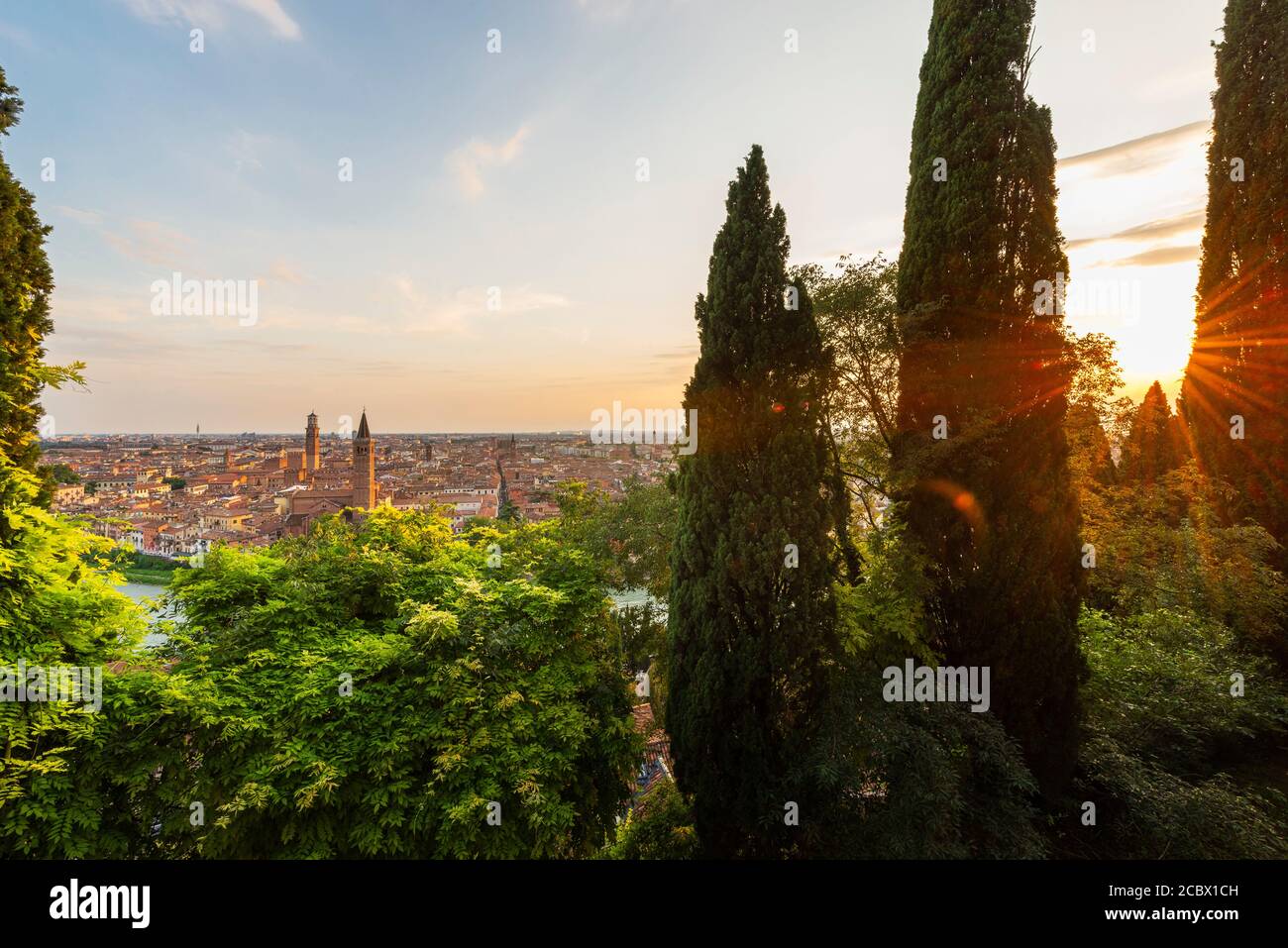 View through cypress trees at Castel San Pietro lookout on the sunset with sun stars over the old town of Verona, Italy Stock Photo