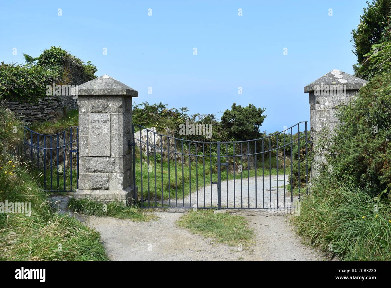 Summer 2020. Entrance Gates To Morte Point Memorial Park, Mortehoe, North Devon, England Stock Photo
