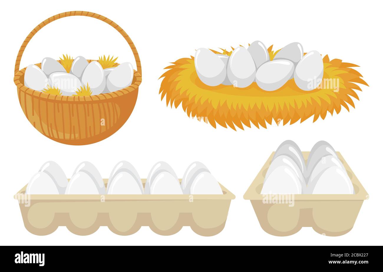 Eggs in nest and basket. Tray of chickens eggs. Open cardboard paper package with organic and natural products Stock Vector