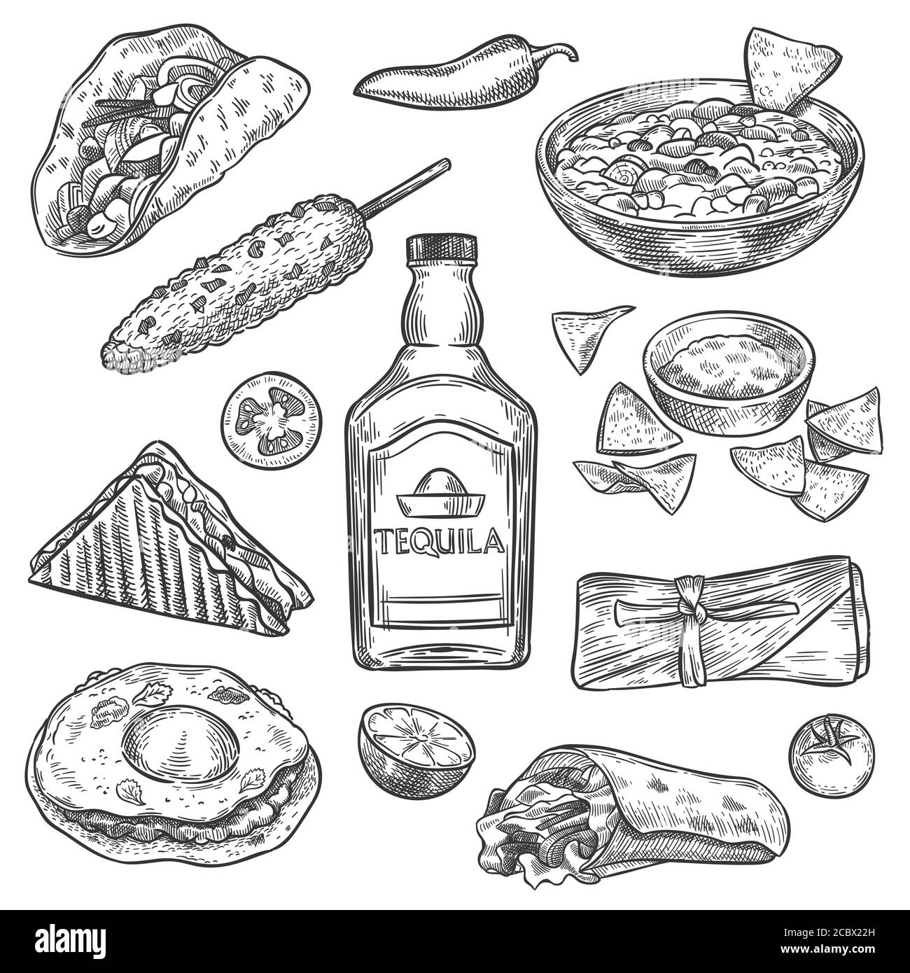 Mexican food. Sketch mexican national drink tequila and traditional food nachos, enchilada and burrito, tacos vintage isolated vector set Stock Vector