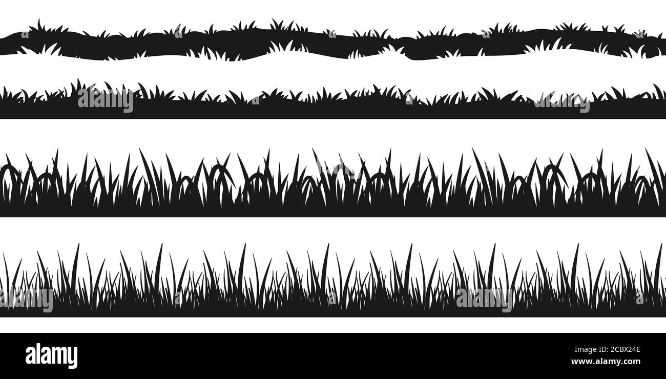 Seamless grass border silhouette. Tuft line set isolated on white background. Nature element for lawn, meadow Stock Vector
