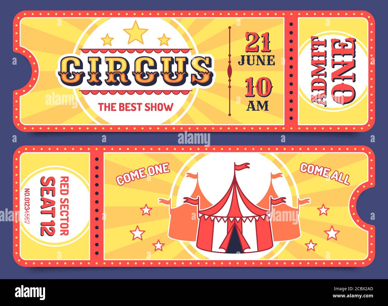 Circus tickets. Entrance ticket templates with sample text, invitation coupon for attractions, carnival events, magic show retro vector set Stock Vector