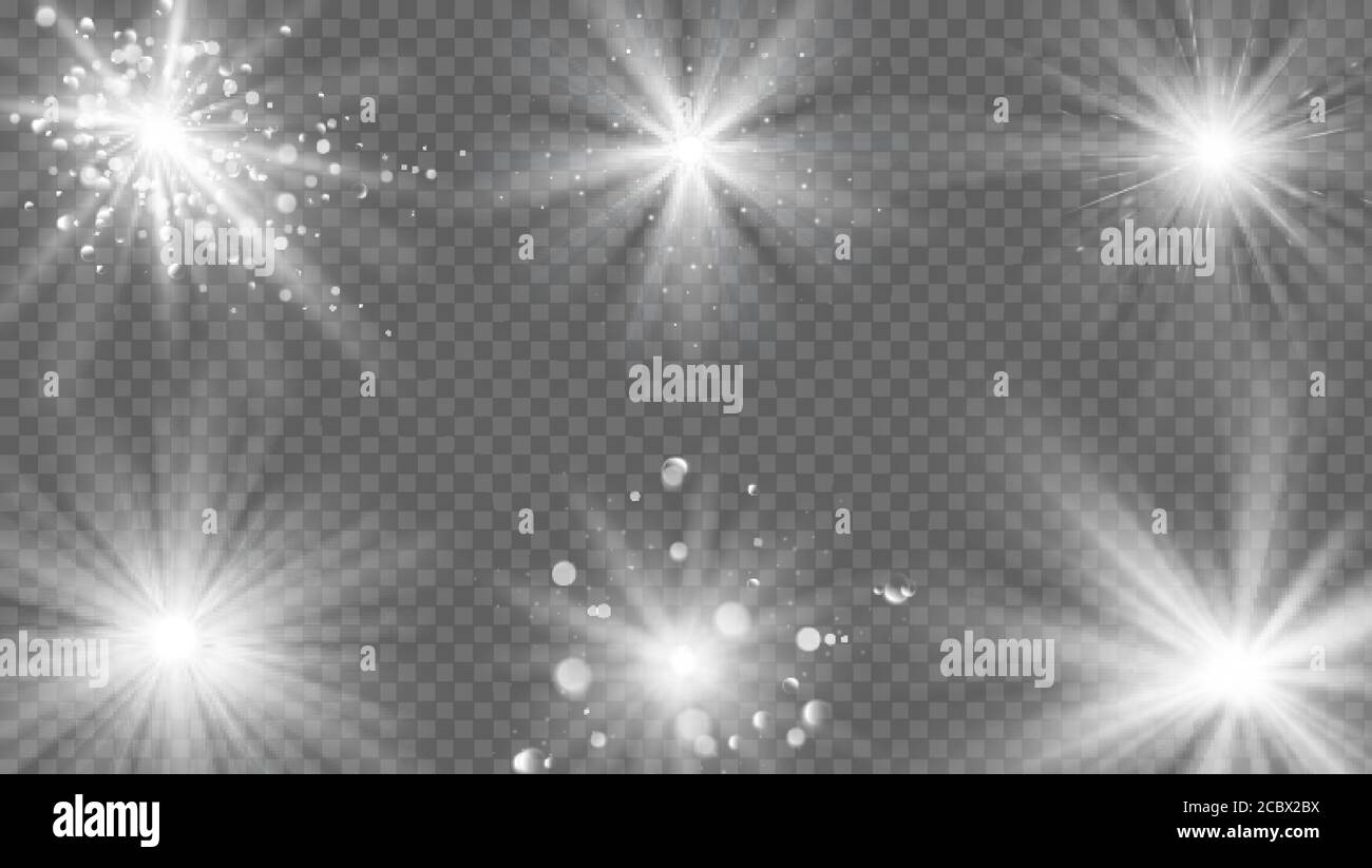 Flares and rays effect. White light burst, star sparkle. Magic starburst beam with glitter, realistic sun glow vector isolated set Stock Vector