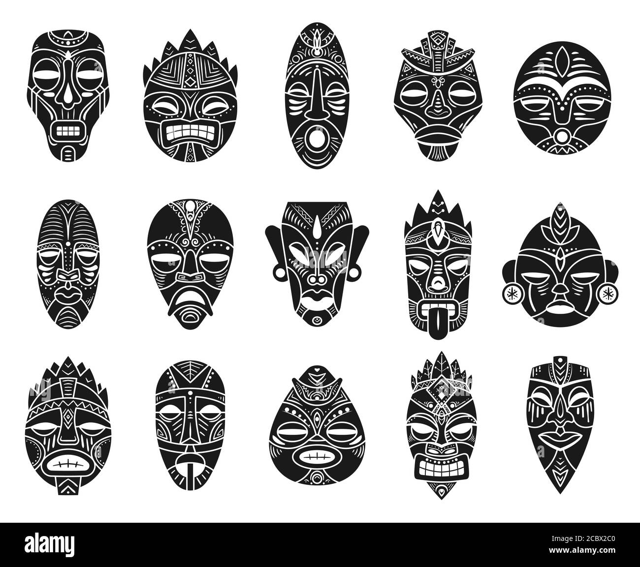 Idol mask. Monochrome black hawaii tiki tahitian ritual totem, exotic traditional culture antique mythology, ethnic ornament vector masks Stock Vector